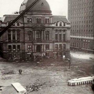 A 1938 photograph of flooding in downtown Providence during a hurricane. Photo via the Providence Public Library, used under Creative Commons licensing.