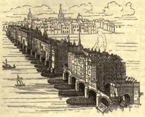 A woodcutting of London Bridge as it would have appeared in 1616.