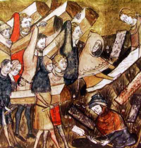 A fourteenth century miniature of the burial of plague victims in Tournai, Belgium. Photo via Wikimedia Commons.